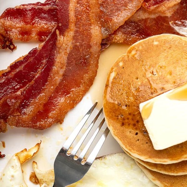 Sweet & Savory mash-up - Eggs, Sausages, Bacon, Hash Browns, Baked Beans, Pancakes, Mix Fruit, Maple