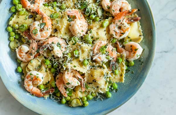 Grilled Jumbo Prawns With Ravioli And Mix Seafood