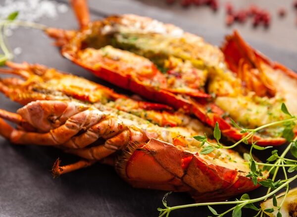 Grilled Lobster With Grilled Vegetables Or Prawn Rice Salad And Parsley