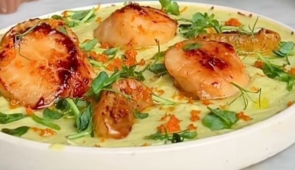 Leek Puree with Scallops Clementine Roasted